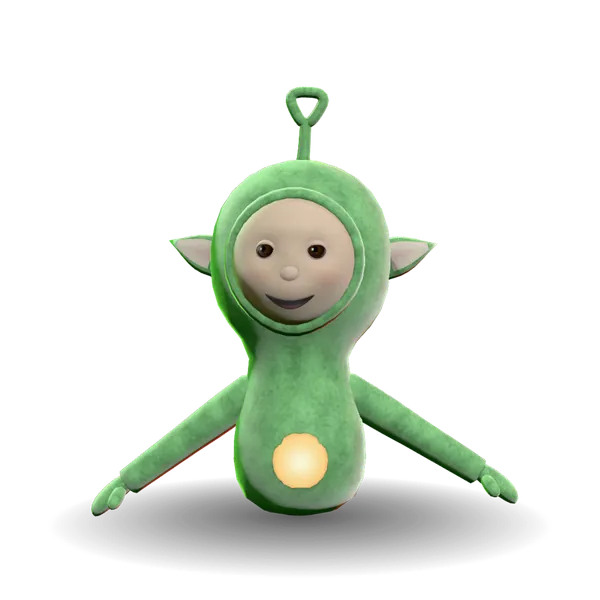 A green Tubbie with big round eyes